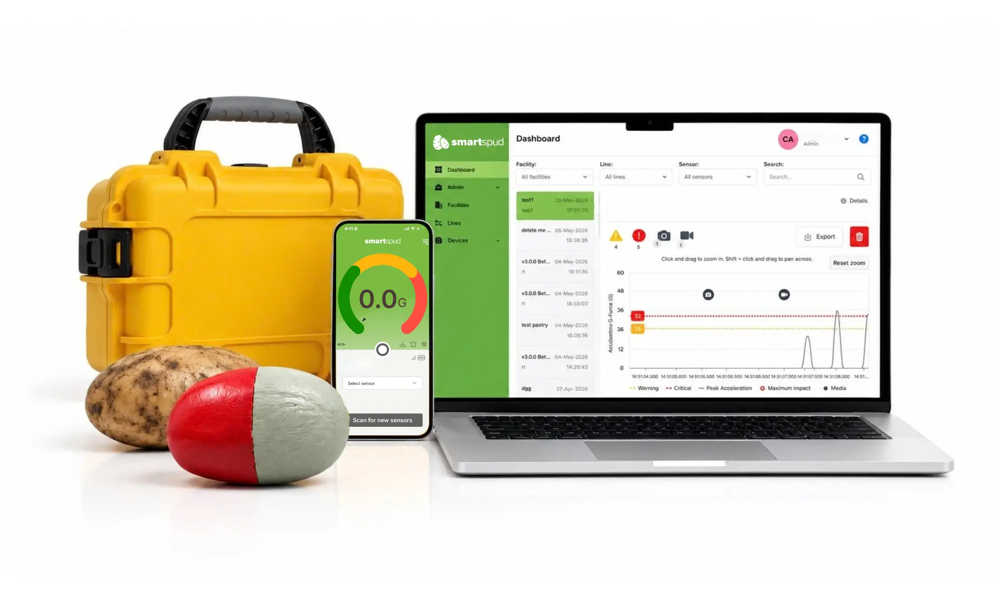 SmartSpud sensor, mobile app and Customer Portal for potato impact monitoring